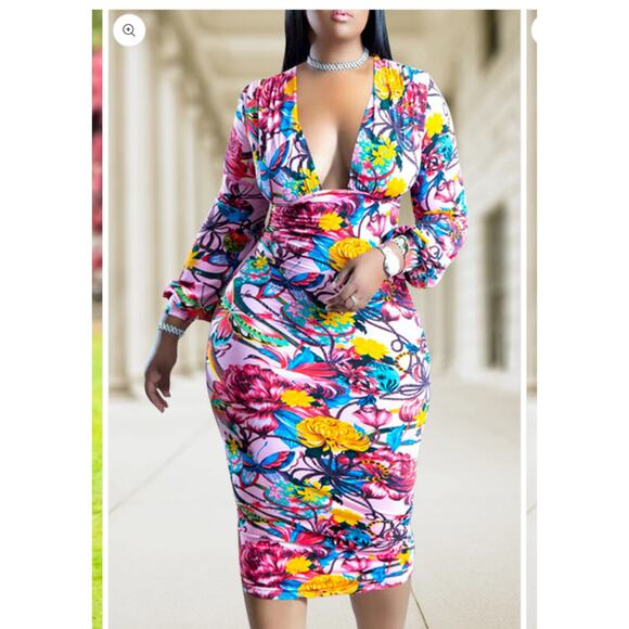 Plus Size All Over Print Front Pleated Bodycon Midi Dress size 2XL - Picture 2 of 6